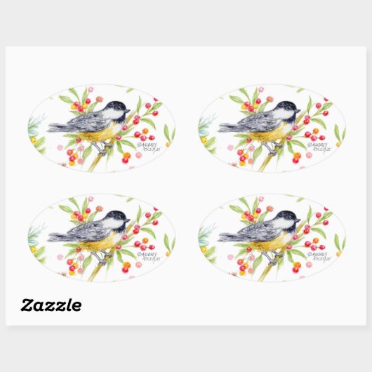 Holiday Chickadee Berry Branch Greeting Card Ovale Sticker (Vel)