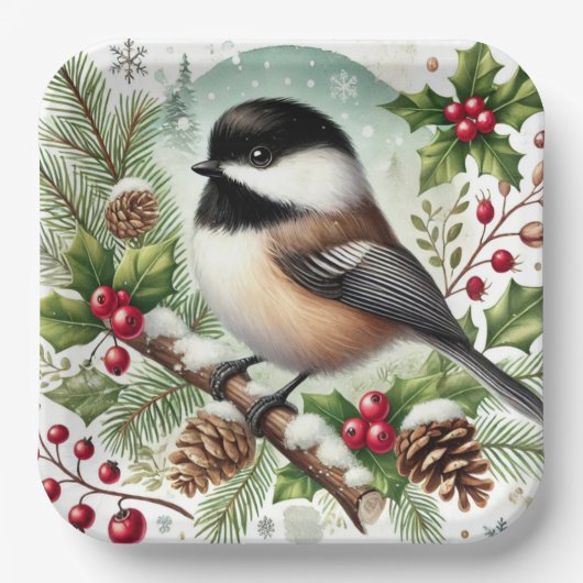 Holiday Chickadee Papieren Bordje (Voorkant)