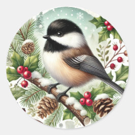 Holiday Chickadee Ronde Sticker