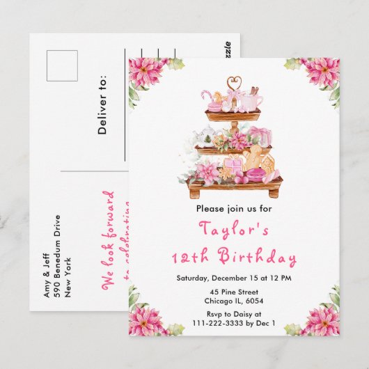 Holiday Christmas Tea Verjaardagsfeestje Roze Briefkaart (Voorkant / Achterkant)