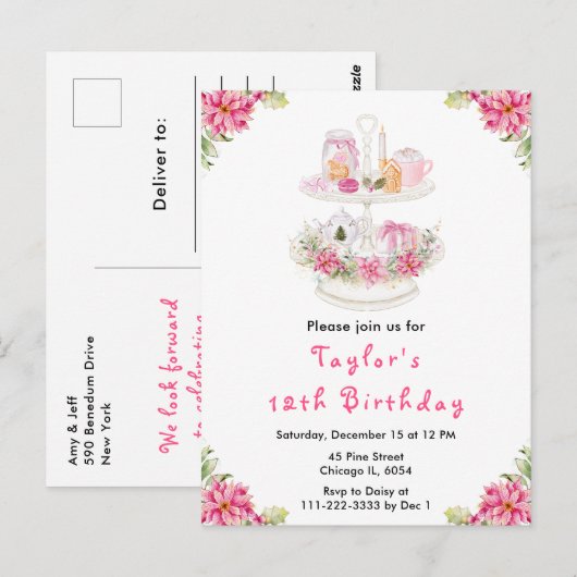 Holiday Christmas Tea Verjaardagsfeestje Roze Briefkaart (Voorkant / Achterkant)
