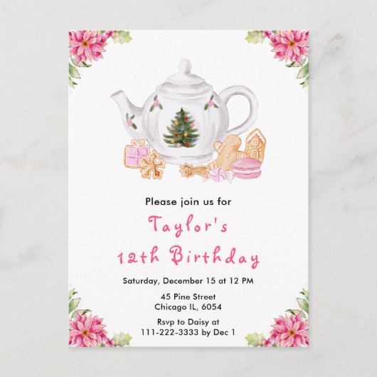 Holiday Christmas Tea Verjaardagsfeestje Roze Briefkaart (Voorkant)