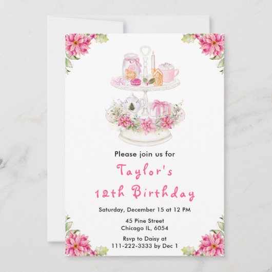 Holiday Christmas Tea Verjaardagsfeestje Roze Kaart (Voorkant)