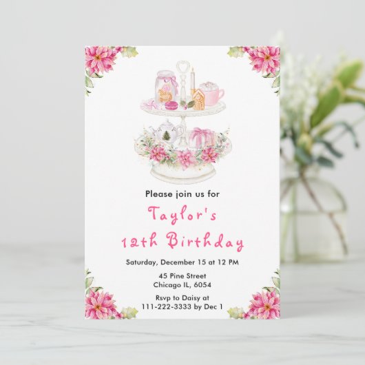 Holiday Christmas Tea Verjaardagsfeestje Roze Kaart (Staand voorkant)