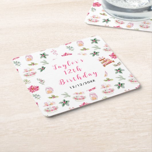 Holiday Christmas Tea Verjaardagsfeestje Roze Kartonnen Onderzetters (Schuin)