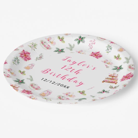 Holiday Christmas Tea Verjaardagsfeestje Roze Papieren Bordje (Gekanteld)