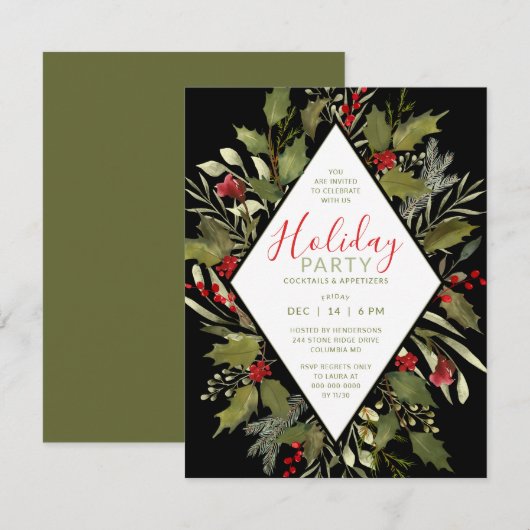Holiday Cocktail Party Waterverf Holly Kaart (Voorkant / Achterkant)