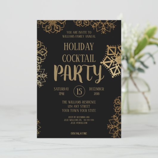 Holiday Cocktail Party | Zwart en goudglitter Kaart (Staand voorkant)