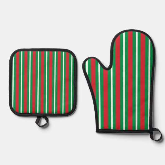Holiday Colours Green Red White Stripes Ovenwant & Pannenlap Set (Voorkant)