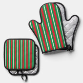 Holiday Colours Green Red White Stripes Ovenwant & Pannenlap Set (Voorkant / Achterkant)
