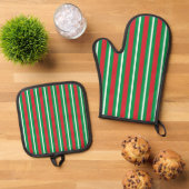 Holiday Colours Green Red White Stripes Ovenwant & Pannenlap Set (Top down)
