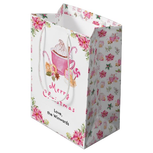 Holiday Cookies and Cocoa Pink Merry Christmas Medium Cadeauzakje (Achterkant Gekanteld)