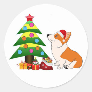 Holiday Corgi-Cartoon met boom Ronde Sticker