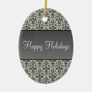 Holiday Damask Oval kerstversiering, grijs Keramisch Ornament