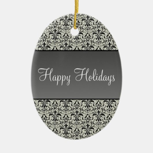 Holiday Damask Oval kerstversiering, grijs Keramisch Ornament (Voorkant)