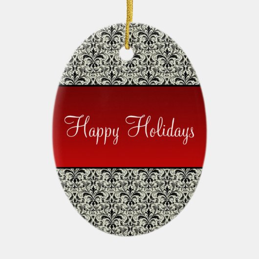 Holiday Damask Oval kerstversiering, rood Keramisch Ornament (Voorkant)