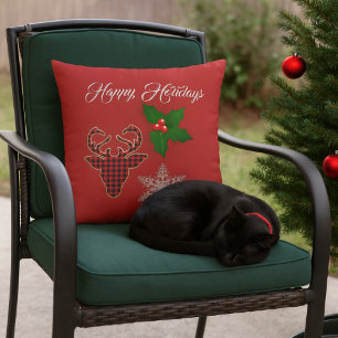 Holiday Deer Head, Snowflake en Holly Leaves Buitenkussen