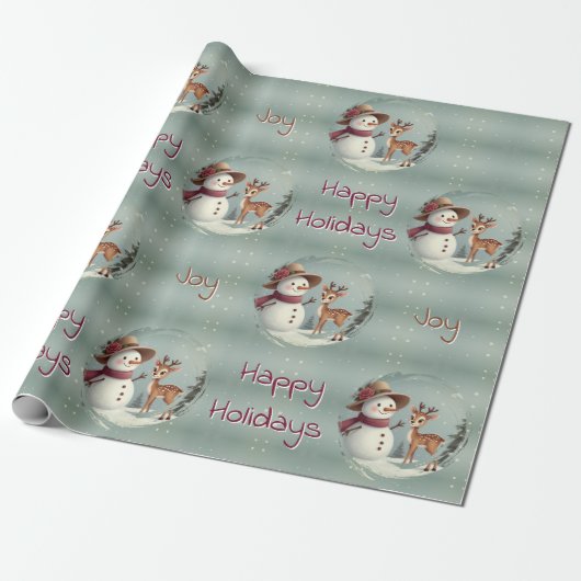 Holiday Designed Cute Deer And Snowman Cadeaupapier (Uitgerold)