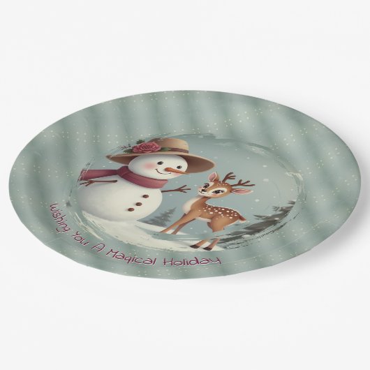 Holiday Designed Snowman And Deer Papieren Bordje (Gekanteld)