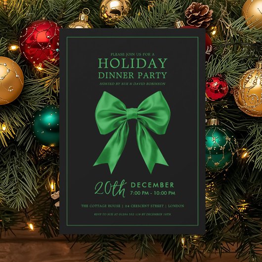 Holiday Dinner Party Green Satin Bow Black  Kaart