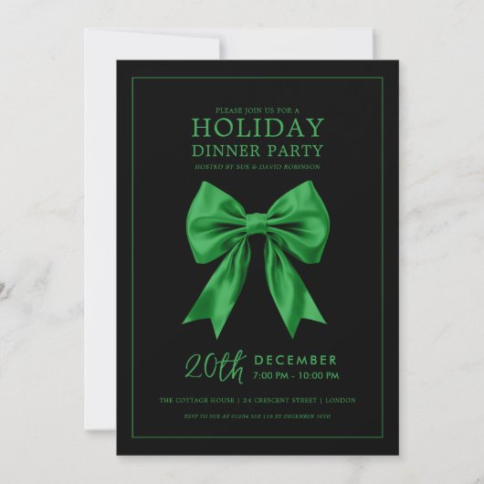Holiday Dinner Party Green Satin Bow Black  Kaart (Voorkant)