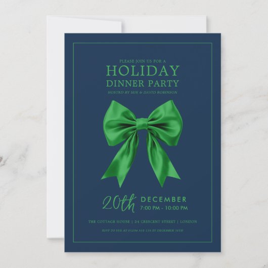 Holiday Dinner Party Green Satin Bow Navy  Kaart (Voorkant)
