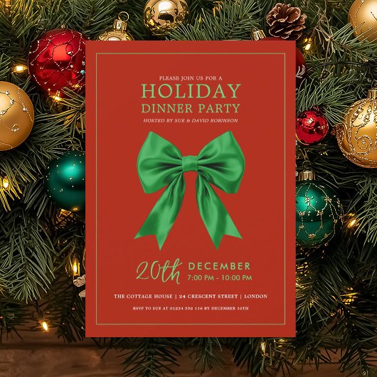 Holiday Dinner Party Green Satin Bow Red Kaart