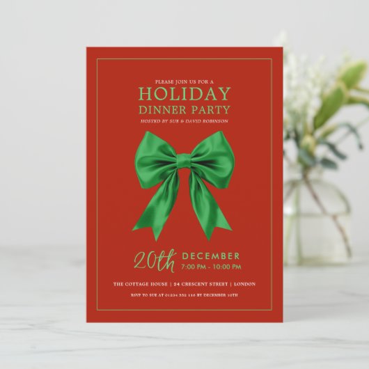 Holiday Dinner Party Green Satin Bow Red Kaart (Staand voorkant)