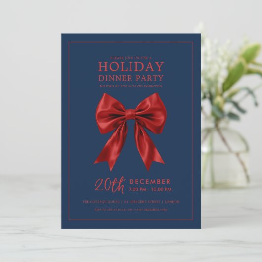 Holiday Dinner Party Red Satin Bow Navy  Kaart (Staand voorkant)