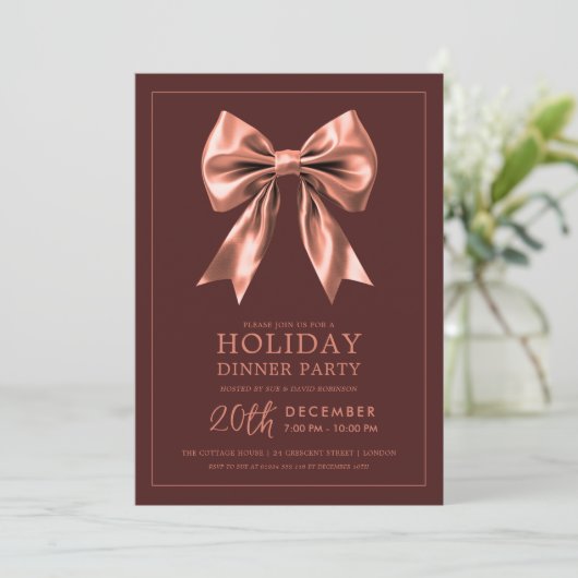 Holiday Dinner Party Rose Gold Satin Bow Burgundy  Kaart (Staand voorkant)
