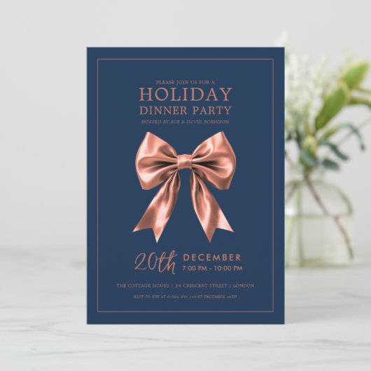 Holiday Dinner Party Rose Gold Satin Bow Navy Blue Kaart (Staand voorkant)