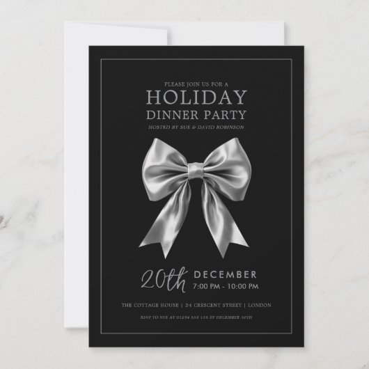Holiday Dinner Party Silver Satin Bow Black Kaart (Voorkant)