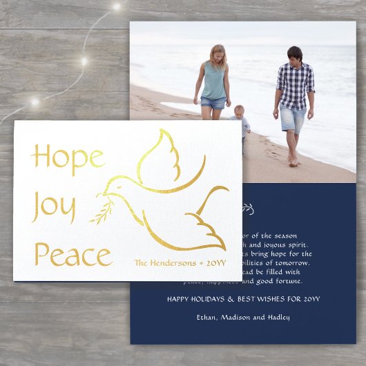 Holiday Dove Hope Joy Peace Navy Blue Moderne foto Folie Kaarten