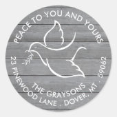 Holiday Dove Peace Wishes Grey Wood Retouradres Ronde Sticker (Voorkant)