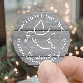Holiday Dove Peace Wishes Grey Wood Retouradres Ronde Sticker