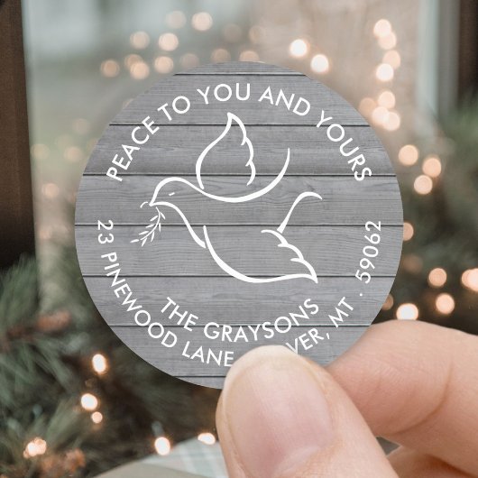 Holiday Dove Peace Wishes Grey Wood Retouradres Ronde Sticker