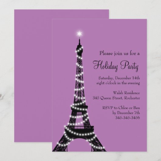 Holiday Eiffel Tower Uitnodiging paars (Voorkant / Achterkant)