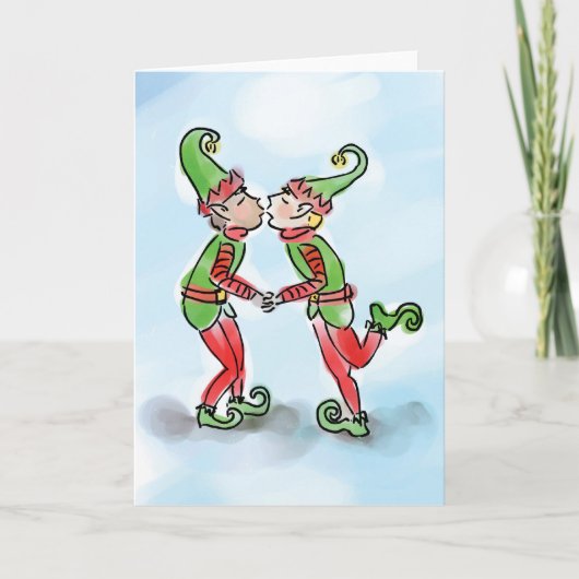 Holiday Elves Kissing Feestdagen Kaart (Voorkant)