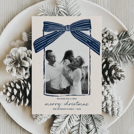 Holiday Family Photo Card Christmas Bow Stripe Feestdagenkaart