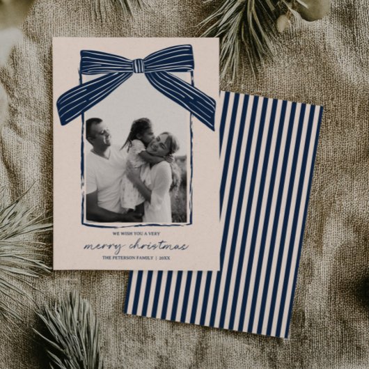 Holiday Family Photo Card Christmas Bow Stripe Feestdagenkaart