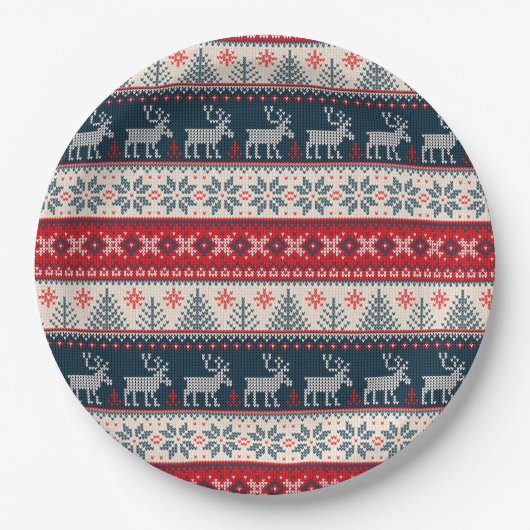 Holiday Faux Knit Pattern Nordic Theme Kerstmis Papieren Bordje (Voorkant)