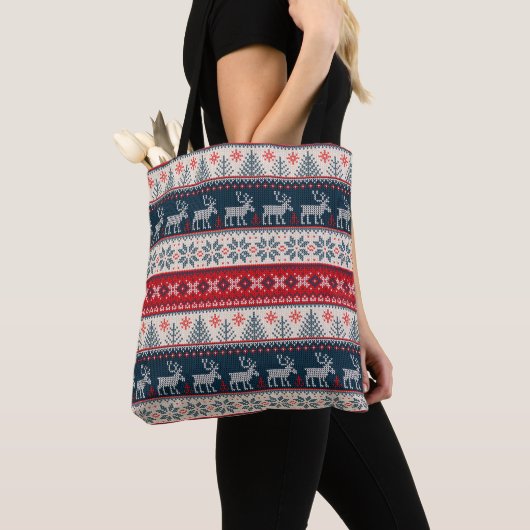 Holiday Faux Knit Pattern Nordic Theme Kerstmis Tote Bag (Dichtbij)