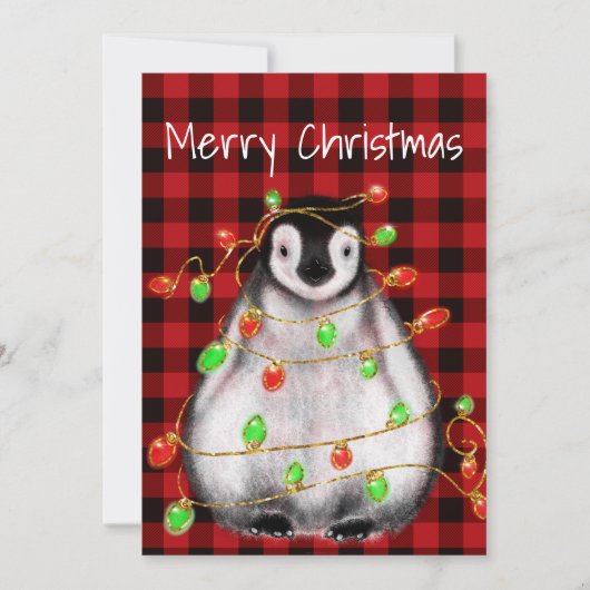 Holiday Festive Penguin, roodgekleurde groene lich Feestdagenkaart (Voorkant)