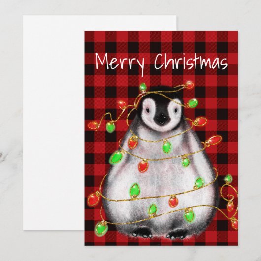 Holiday Festive Penguin, roodgekleurde groene lich Feestdagenkaart (Voorkant / Achterkant)