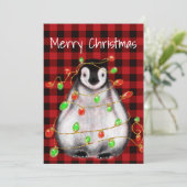 Holiday Festive Penguin, roodgekleurde groene lich Feestdagenkaart (Staand voorkant)