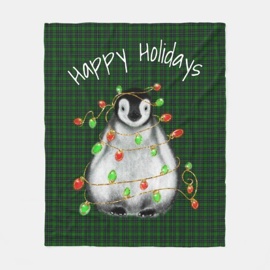 Holiday Festive Penguin, roodgekleurde groene lich Fleece Deken (Voorkant)