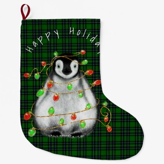 Holiday Festive Penguin, roodgekleurde groene lich Grote Kerstsok (Voorkant)