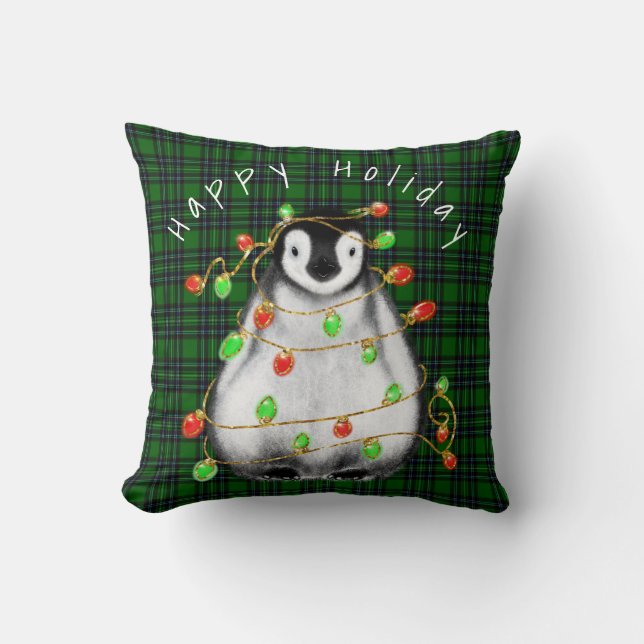 Holiday Festive Penguin, roodgekleurde groene lich Kussen (Voorkant)
