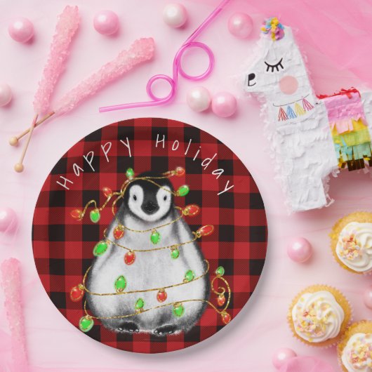 Holiday Festive Penguin, roodgekleurde groene lich Papieren Bordje (Feest)