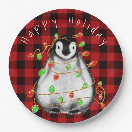 Holiday Festive Penguin, roodgekleurde groene lich Papieren Bordje (Voorkant)